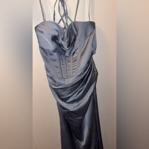 Azazie Asymmetrical Blue Gray Cocktail Gown